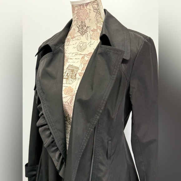 JESSICA SIMPSON Elegant Black Ruffle Trim trench Coat size S - Picture 2 of 13